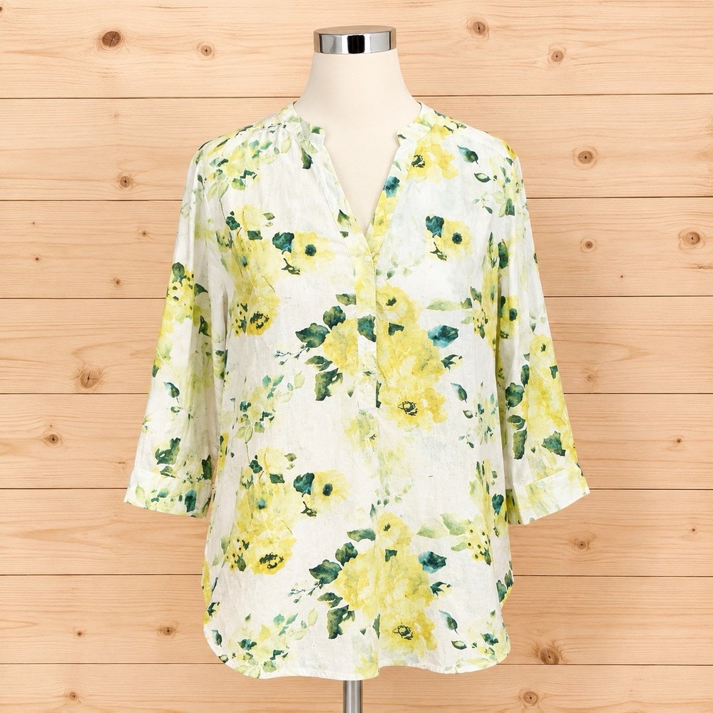 Lane Bryant Plus Size 18-20 Yellow Floral Blouse 3/4 Sleeve,  Lightweight Top[Z]